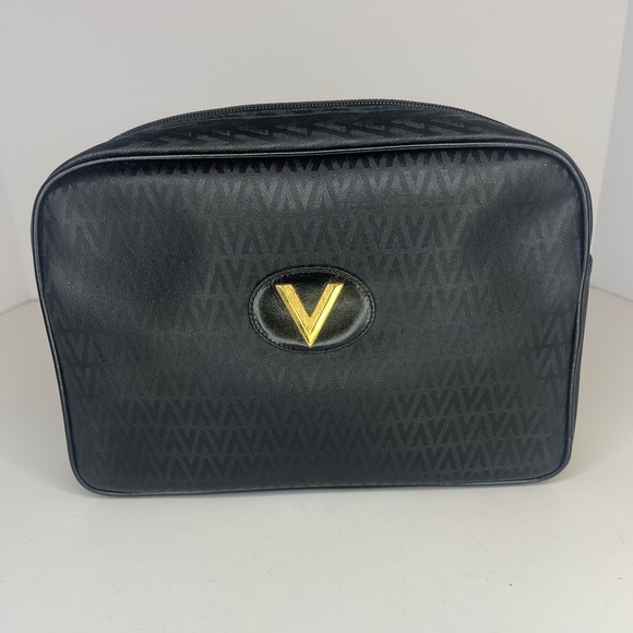 MARIO VALENTINO Black Leather V Logo Clutch/Cosmetic/Toiletry/Travel PVC Bag - Picture 1 of 11